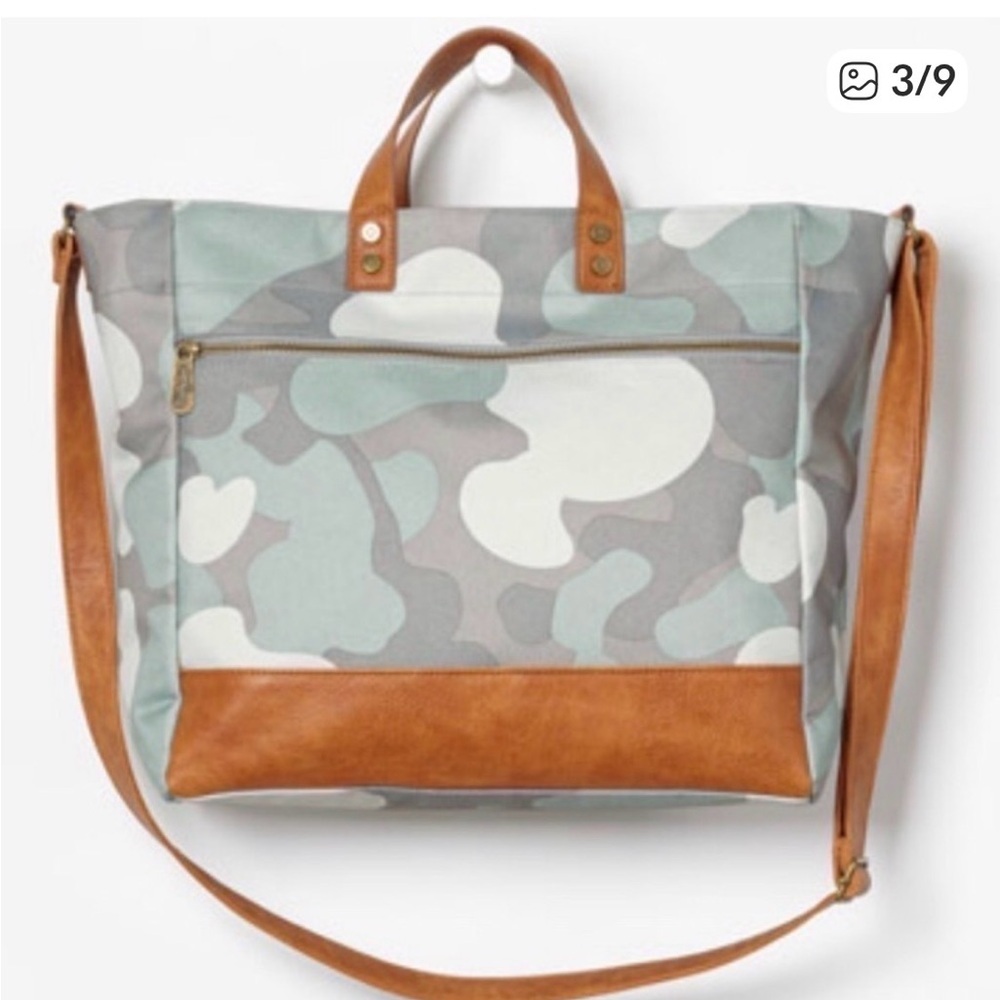 Camouflage Tote Bag with Brown Leather Handles